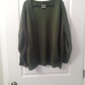 Olive Green Open Front Cardigan Sweater With Pockets Size 2XL